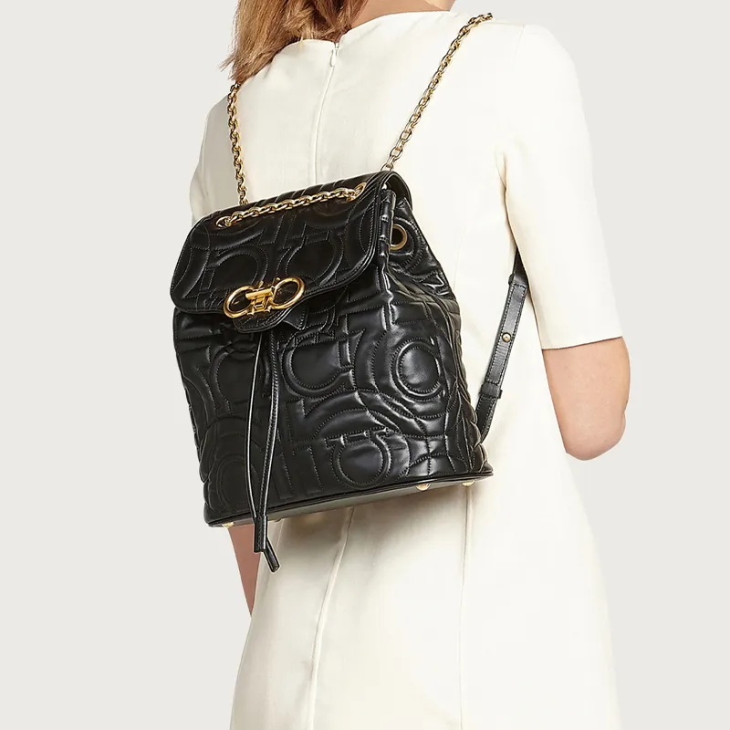 FERRAGAMO GANCINI Cow Leather Backpack Women's Black-4