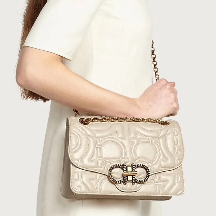 FERRAGAMO GANCINI Cow Leather Shoulder Bag, Crossbody Bag Large Size Women's Beige-3