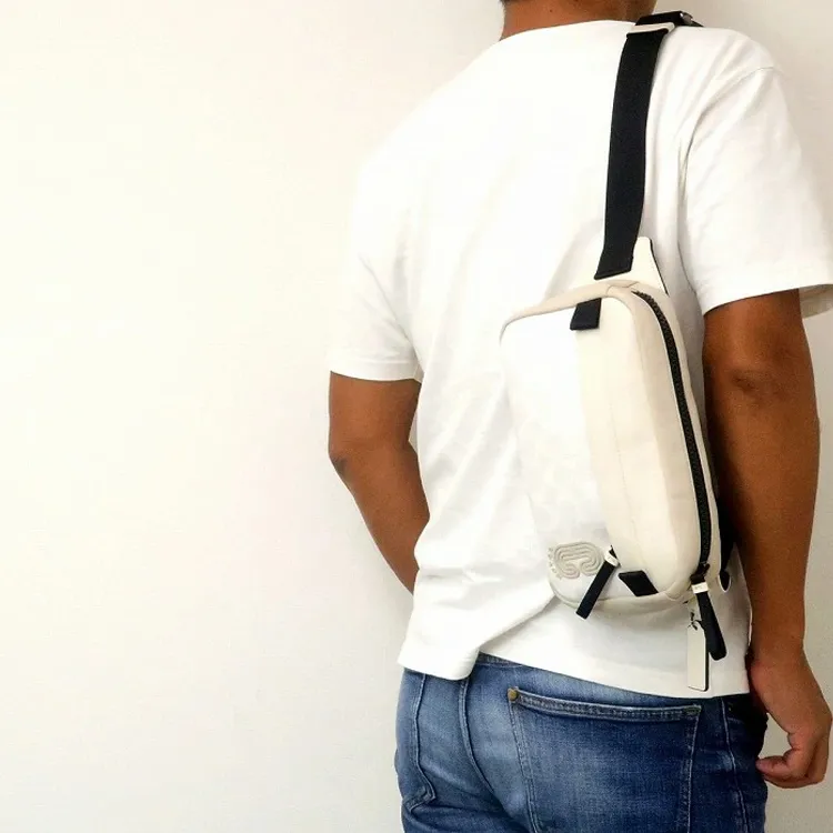 COACH Edge Canvas With Leather Camera Bag, One Shoulder Crossbody Bag, Sling Bag, Fanny Pack Medium Size Men's White-2