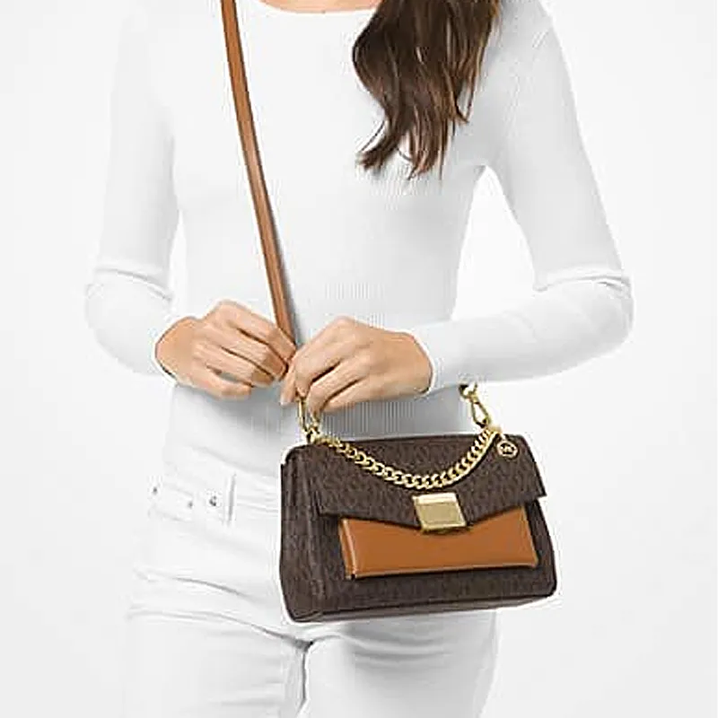MICHAEL KORS Lita PVC With Leather Shoulder Bag, Crossbody Bag Medium Size Women's Acorn Brown-3