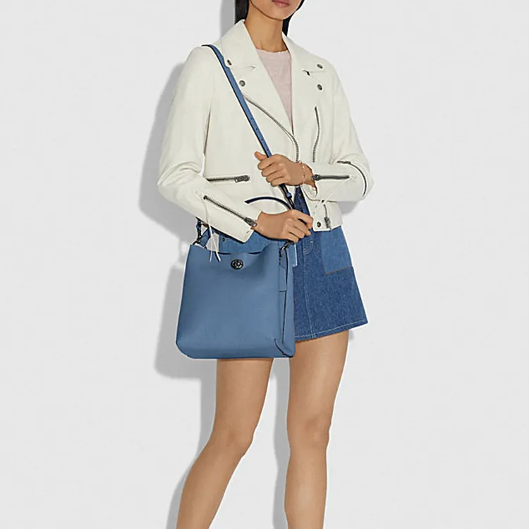 COACH Charlie Leather Bucket Bags Shoulder Bag Crossbody Bag Handbag Medium Size Women's Gray Blue-4