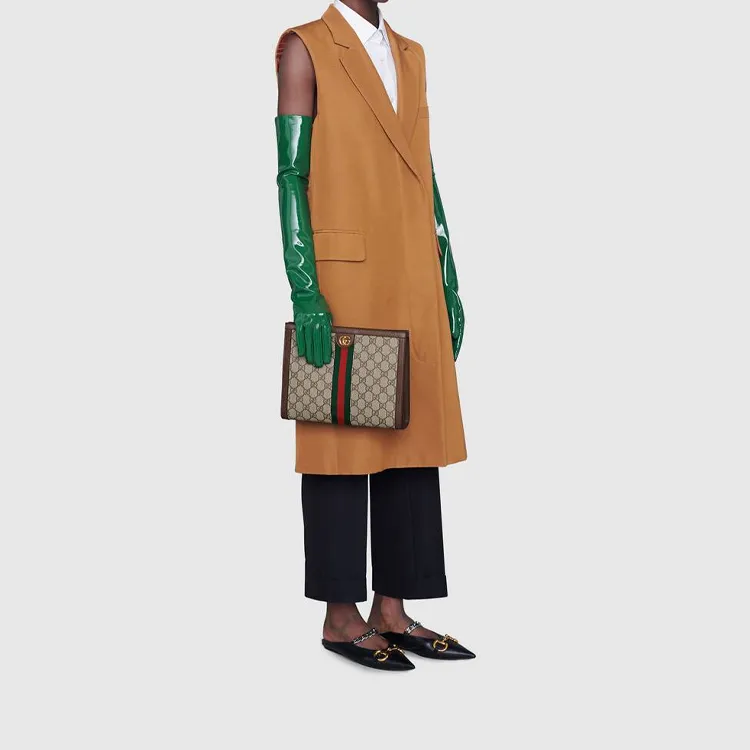 GUCCI Ophidia Canvas With Leather Clutch Women's Ebony/Brown-5