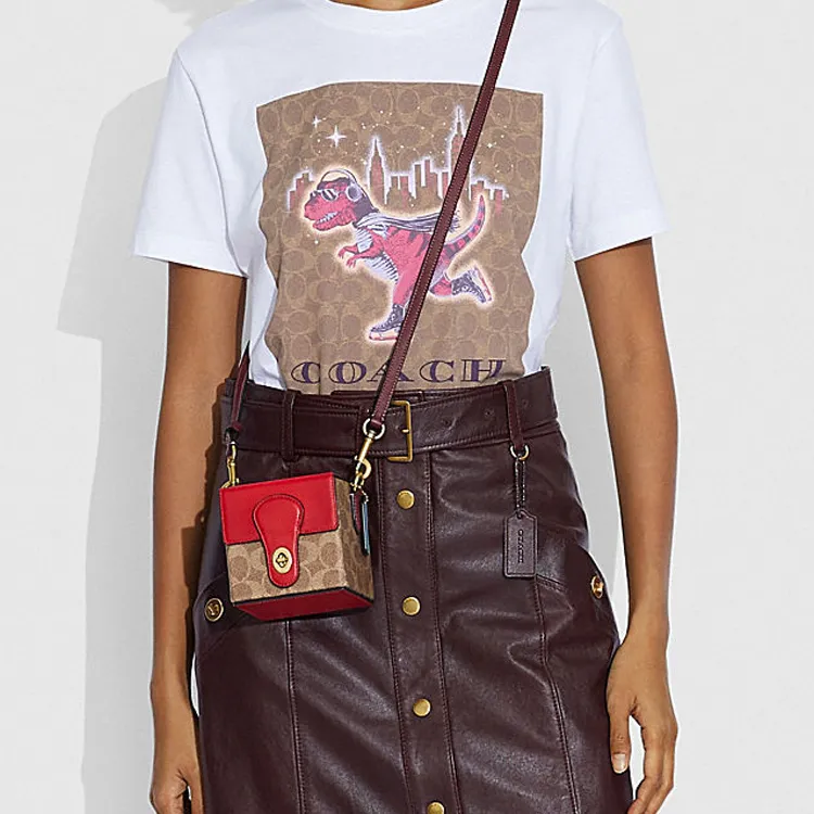 COACH Canvas With Leather Small Square Bag Shoulder Bag, Crossbody Bag Women's Brown Yellow-4