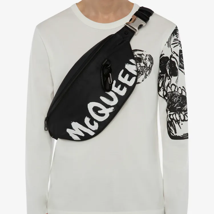 Alexander McQueen Cow Leather Crossbody Bag, Fanny Pack Trumpets Men's Black-4