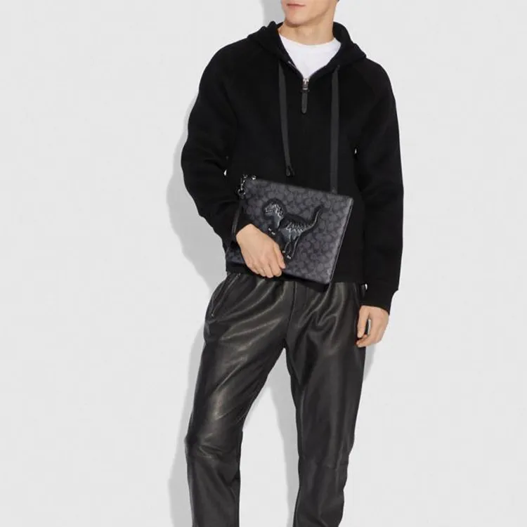 COACH Pouch Cow Leather Clutch Tubas Men's Charcoal Gray-4