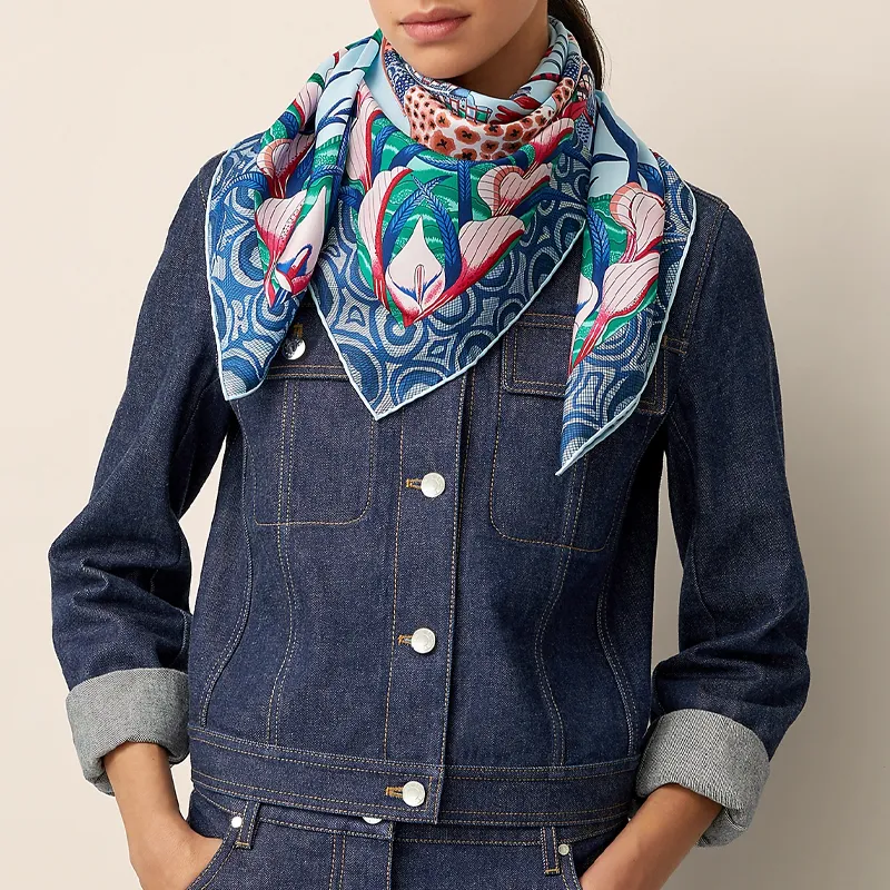 HERMES Silk Scarves Women's Sky Blue/Denim Blue/Pink-1