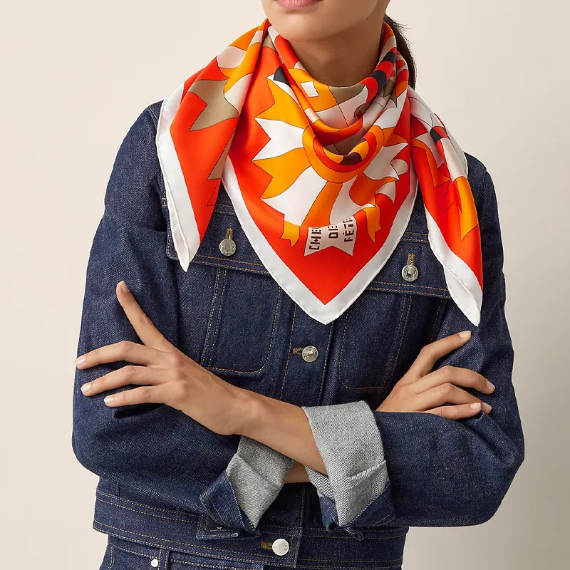 HERMES Silk Scarves Women's Orange/Brown/Khaki-1