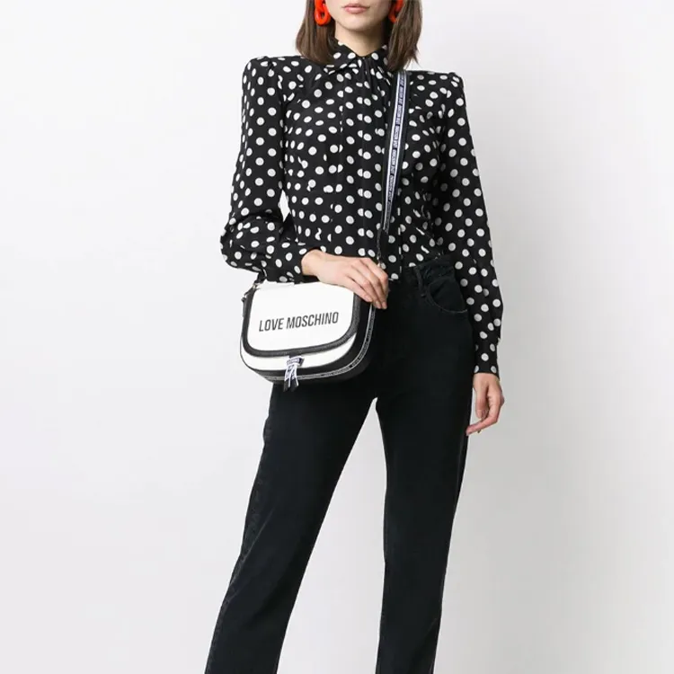 MOSCHINO Leather Shoulder Bag, Crossbody Bag Women's Black White-3