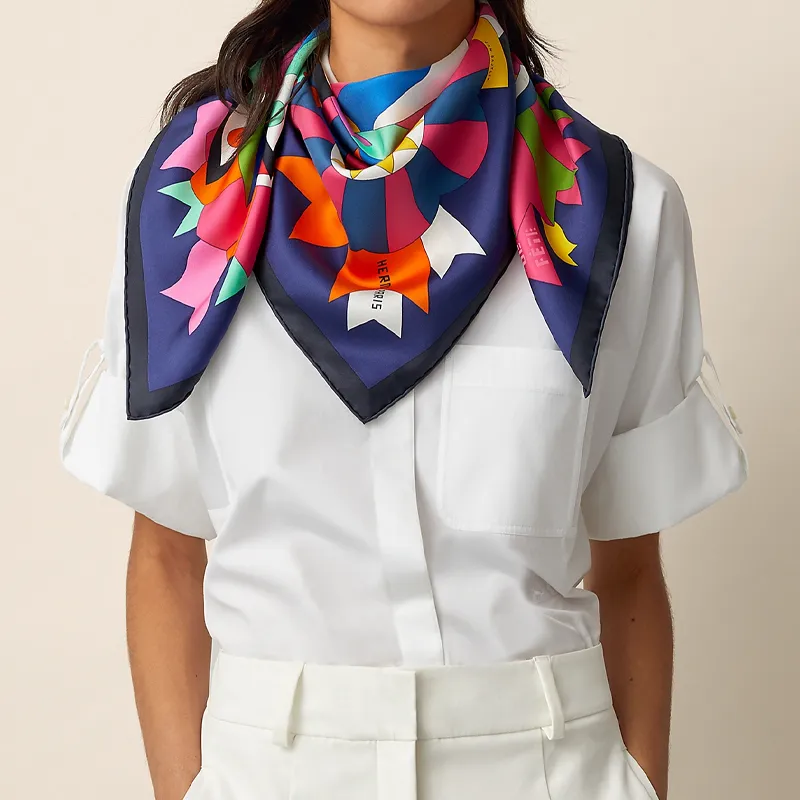 HERMES Silk Scarves Women's Indigo/Bright Yellow/Multicolor-1