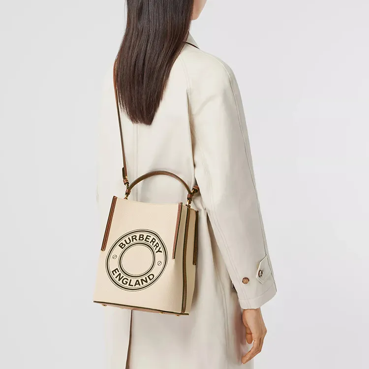Burberry Cotton Canvas Bag, Bucket Bag, Shoulder Bag, Crossbody Bag, Handbag Small Size Women's Natural/Tan-4