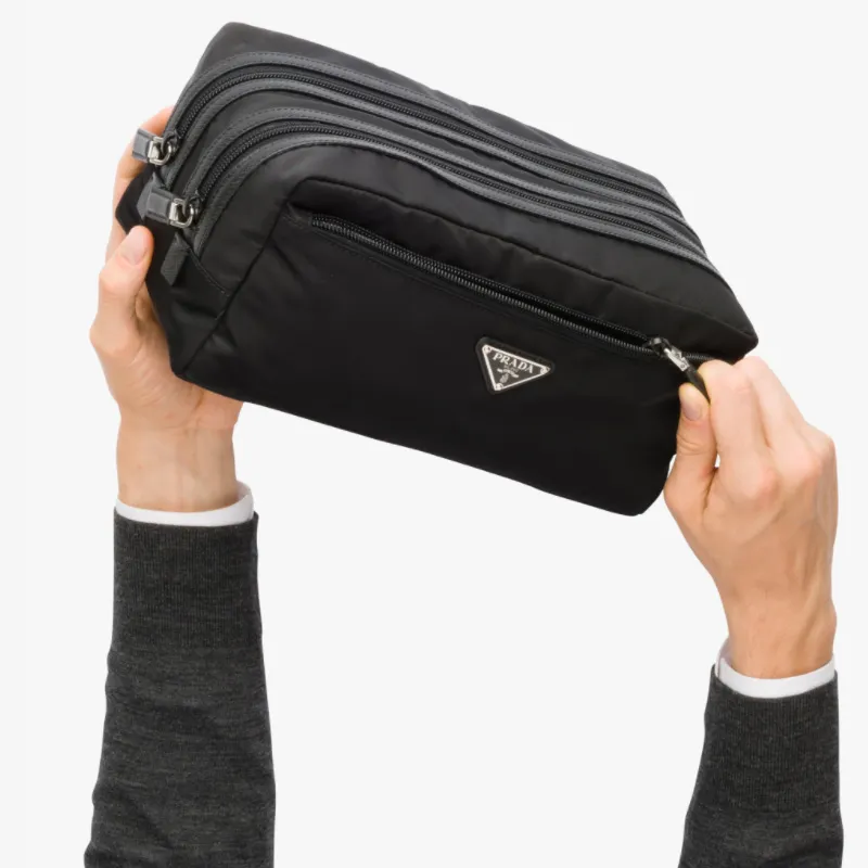 PRADA Saffiano Leather Toiletry Bags Clutches Unisex Black-4