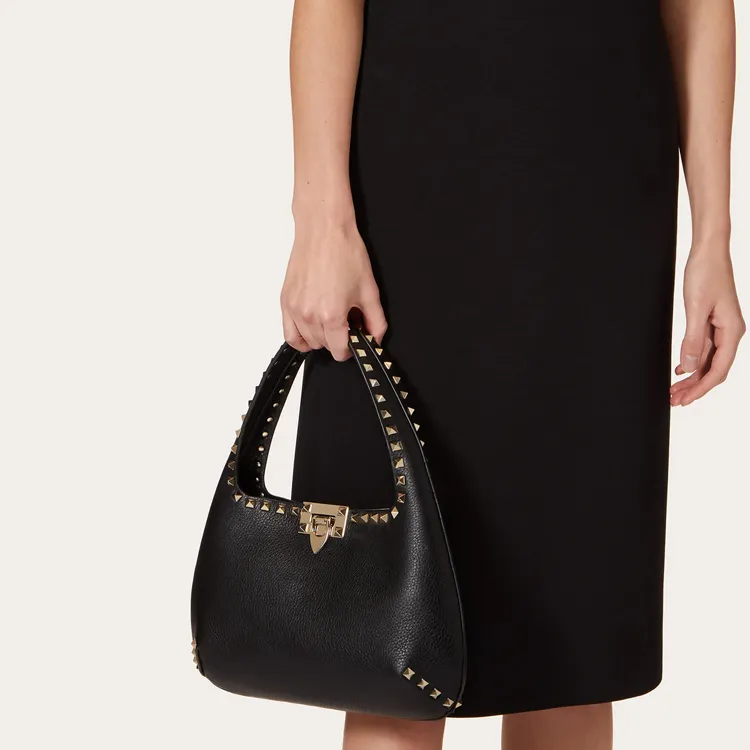 Valentino Rockstud Grained Calfskin Hobo Bag Dumpling Bag Shoulder Bag Handbag Small Size Women's Black-5