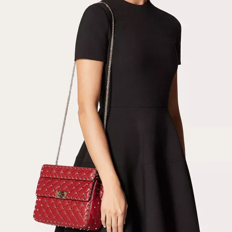 Valentino ROCKSTUD SPIKE Soft Nappa Sheepskin Handbag, Shoulder Bag, Crossbody Bag Medium Size Women's Red-4