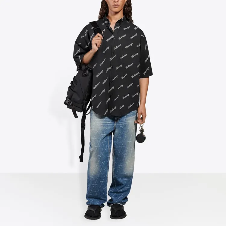 Balenciaga Allover Script Logo Button Down Shirt-3