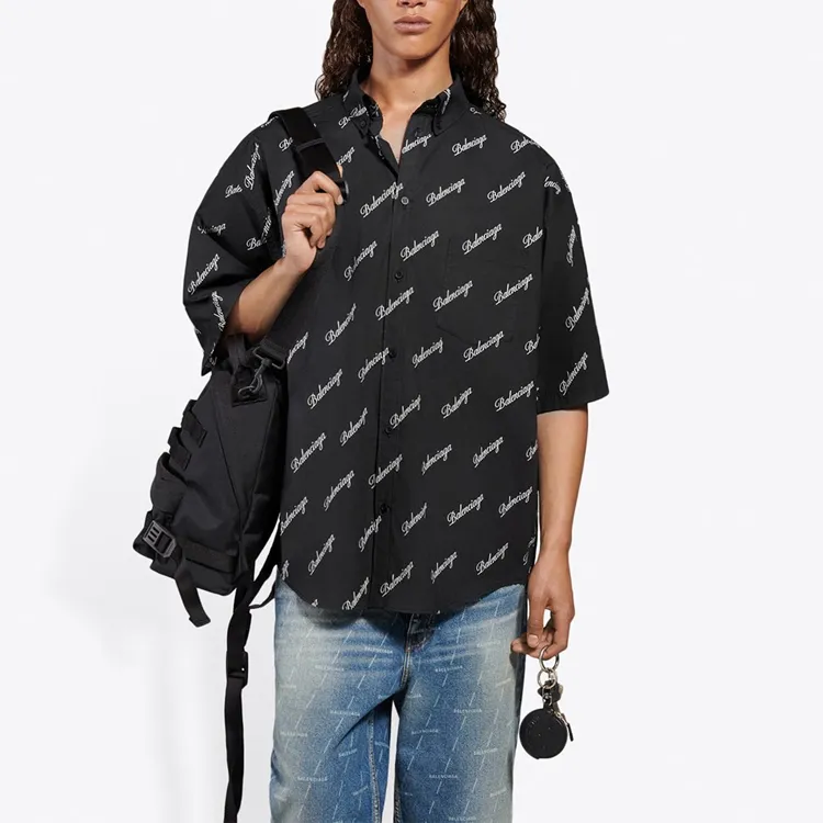 Balenciaga Allover Script Logo Button Down Shirt-2