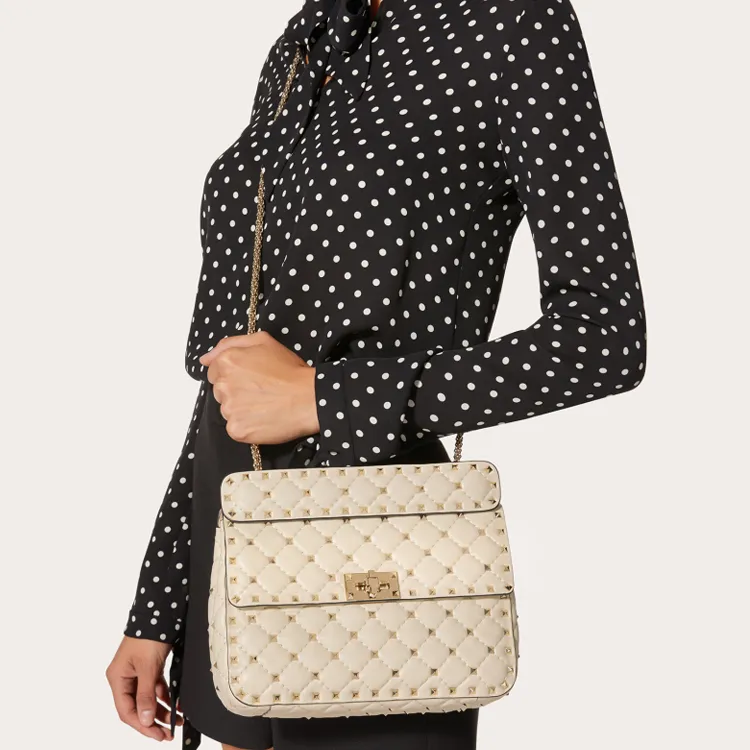 Valentino ROCKSTUD SPIKE Nappa Sheep Leather Handheld Handbag, Shoulder Bag, Crossbody Bag Medium Size Women's White-5