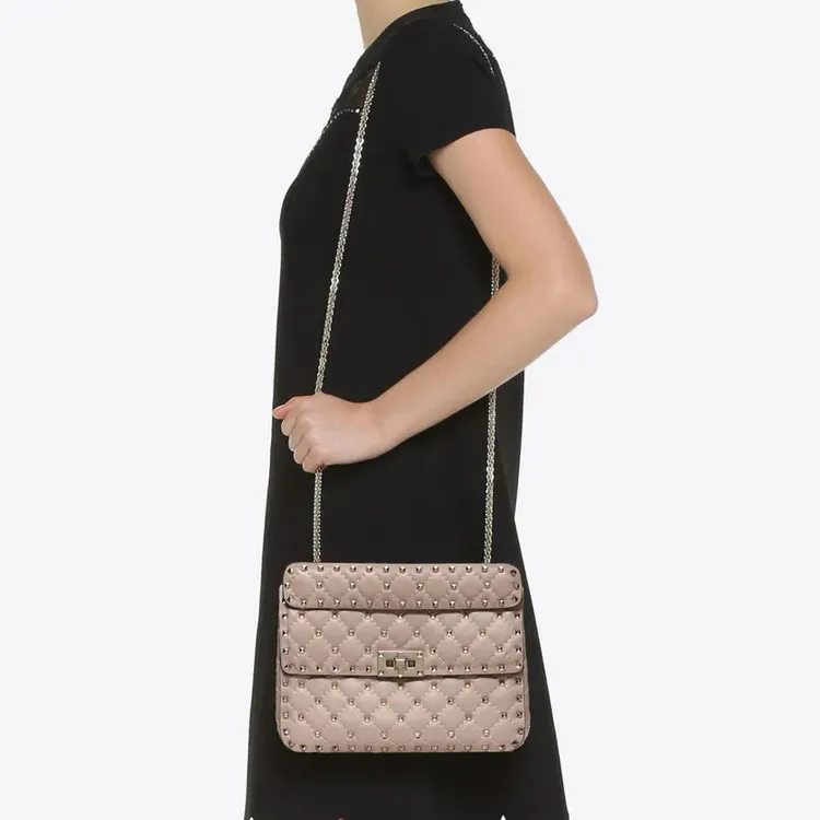 Valentino ROCKSTUD SPIKE Sheepskin Handbag Shoulder Bag Crossbody Bag Medium Size Women's Nude Pink-5