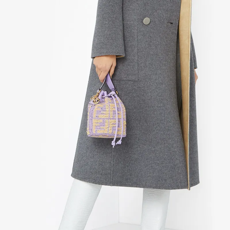 FENDI Mon Tresor Woven Raffia With Leather Drawstring Bucket Bag Shoulder Bag Crossbody Bag Handbag Mini Women's Purple-4
