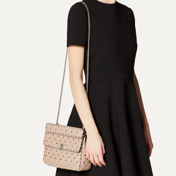 Valentino ROCKSTUD SPIKE Sheepskin Handbag Shoulder Bag Crossbody Bag Medium Size Women's Nude Pink-4
