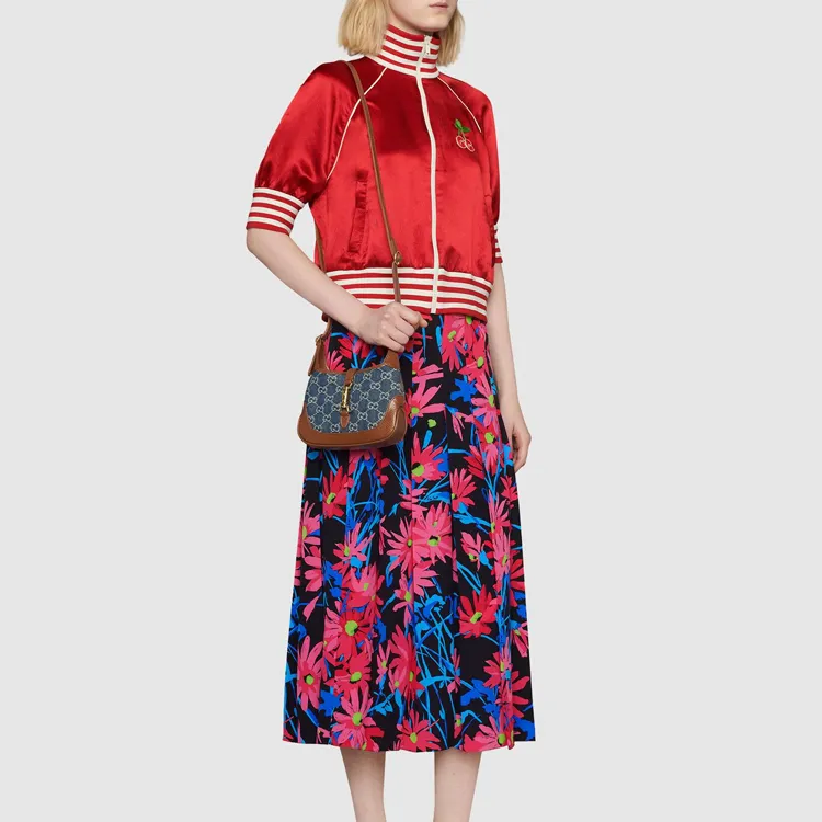 GUCCI Jackie 1961 Canvas With Leather Trim Canvas Bag Crescent Shoulder Bag Shoulder Bag Women's Gray Blue Multicolor-11