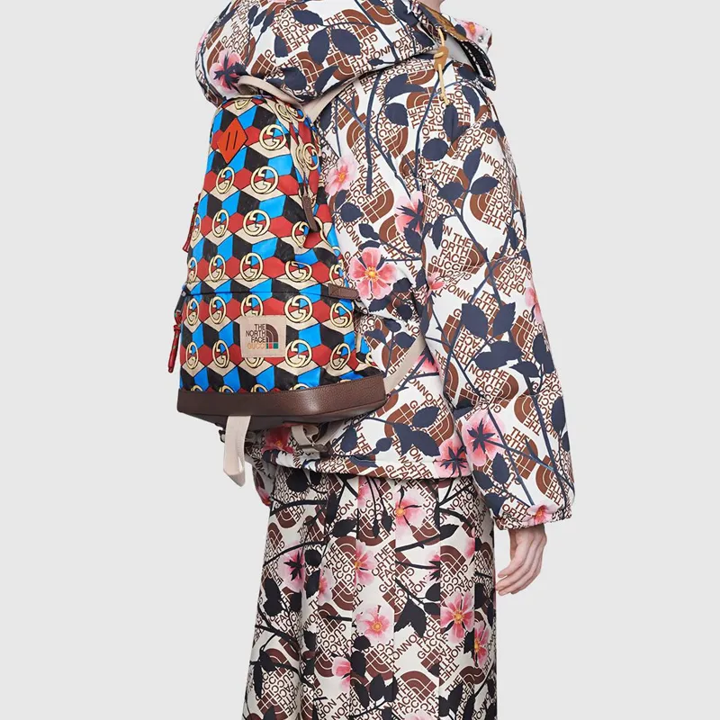 GUCCI The North Face Collaboration Recycled Nylon With Leather Backpack Medium Size Unisex Multicolor-9