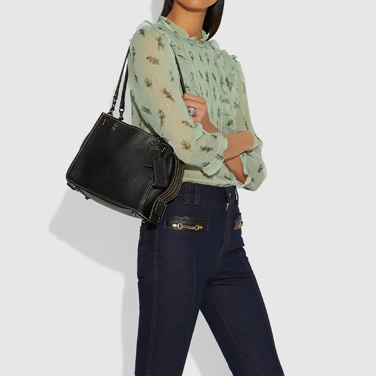 COACH Rogue Flesh Pigeon Leather Tote Bag, Shopping Bag, Shoulder Bag, Crossbody Bag, Handbag Medium Size Women's Black-4