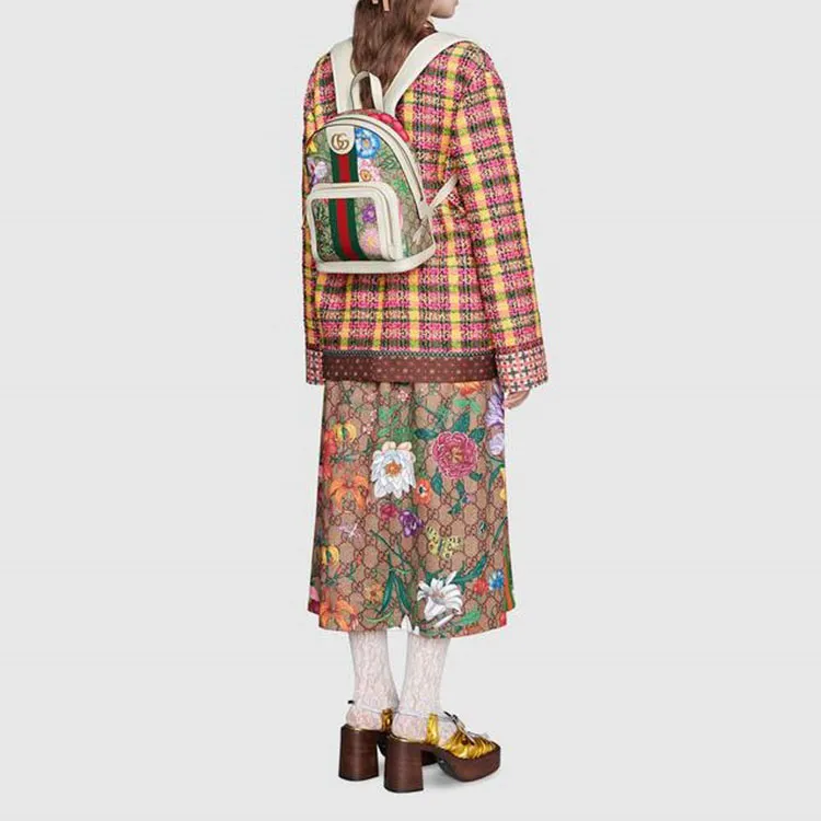 GUCCI Ophidia Canvas With Leather Backpack Small Size Women's Ebony/White/Multicolor-6