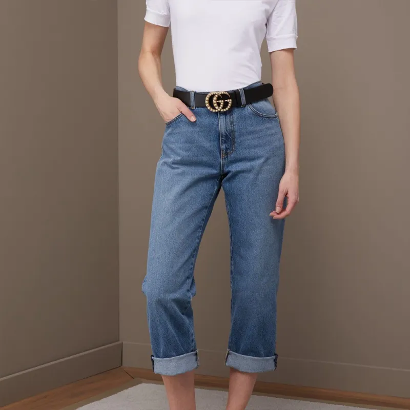 GUCCI Double G Wide Leather Belt Pearl Buckle 1.5 Width-3