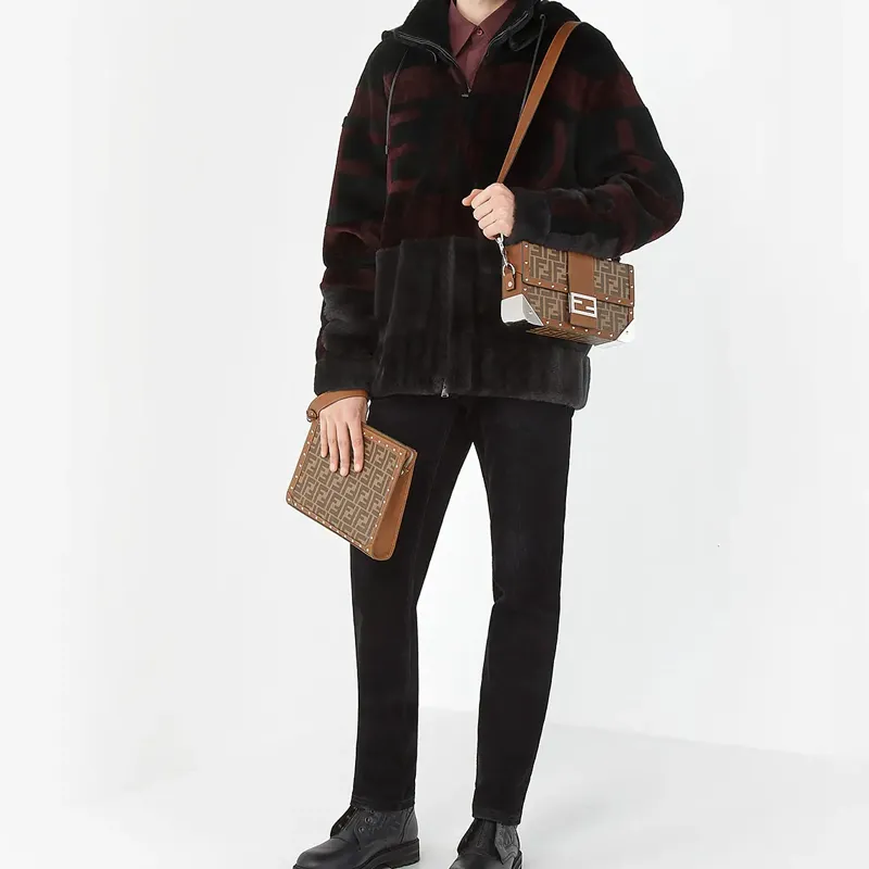 FENDI Cotton Zip Bag Clutch Mini Women's Brown-4