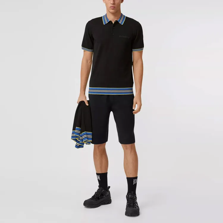 Burberry Mens Logo Stripe Casual Short Sleeve Polo Shirt Black-1