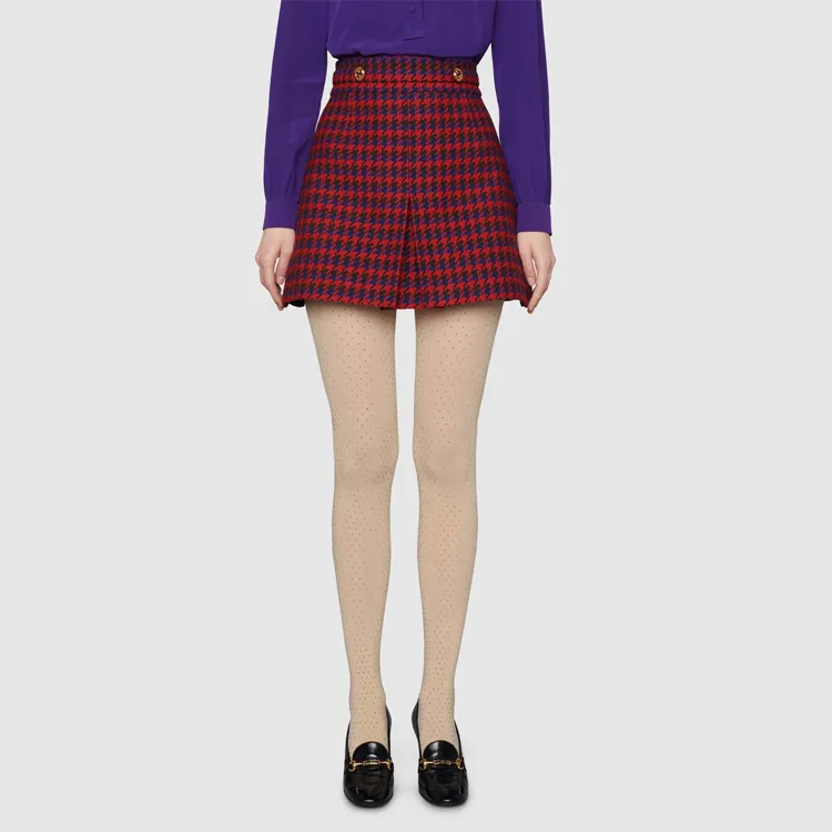 GUCCI Houndstooth Pleated Mini Skirt Blue-1
