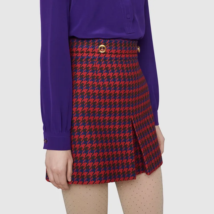 GUCCI Houndstooth Pleated Mini Skirt Blue-4