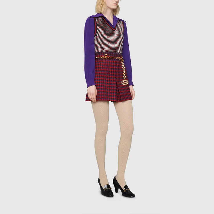 GUCCI Houndstooth Pleated Mini Skirt Blue-3