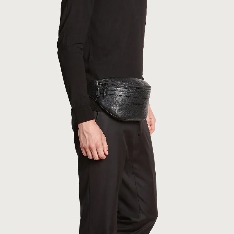 FERRAGAMO Stamped Calfskin Sling Bags One Shoulder Crossbody Fanny Pack Men's Black-4