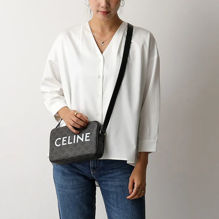 CELINE Triomphe Cow Leather Binding Messenger Bag, Camera Bag, Shoulder Bag, Crossbody Bag Medium Size Unisex Black-7