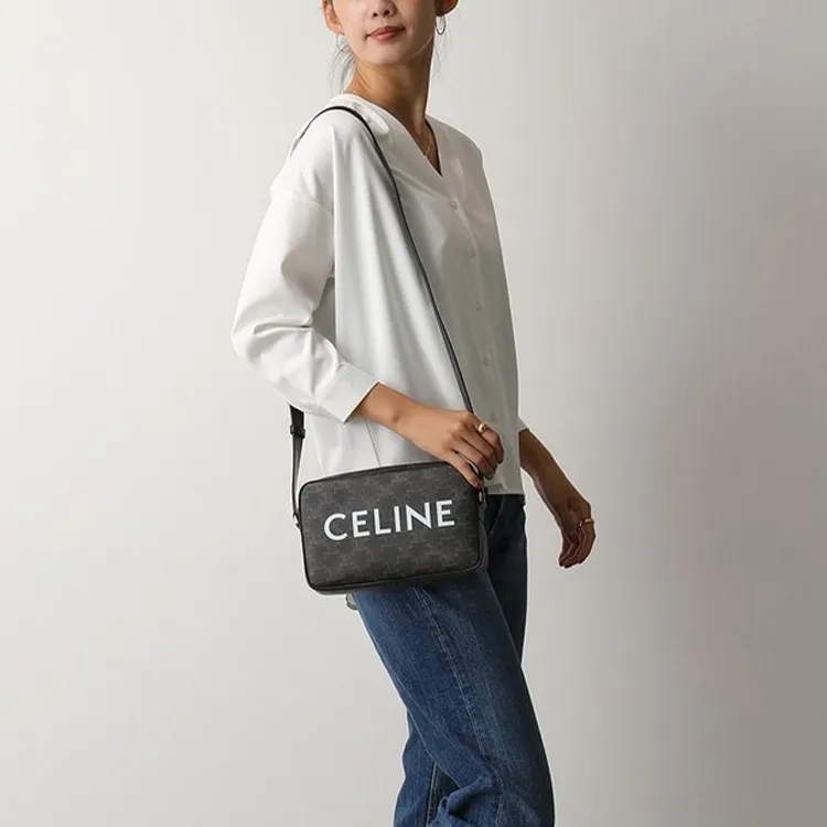 CELINE Triomphe Cow Leather Binding Messenger Bag, Camera Bag, Shoulder Bag, Crossbody Bag Medium Size Unisex Black-8
