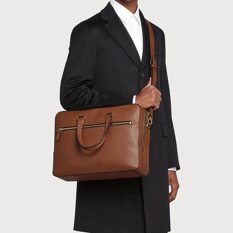 FERRAGAMO Hammered Texture Cow Leather Briefcase, Handbag Men's Brown-4