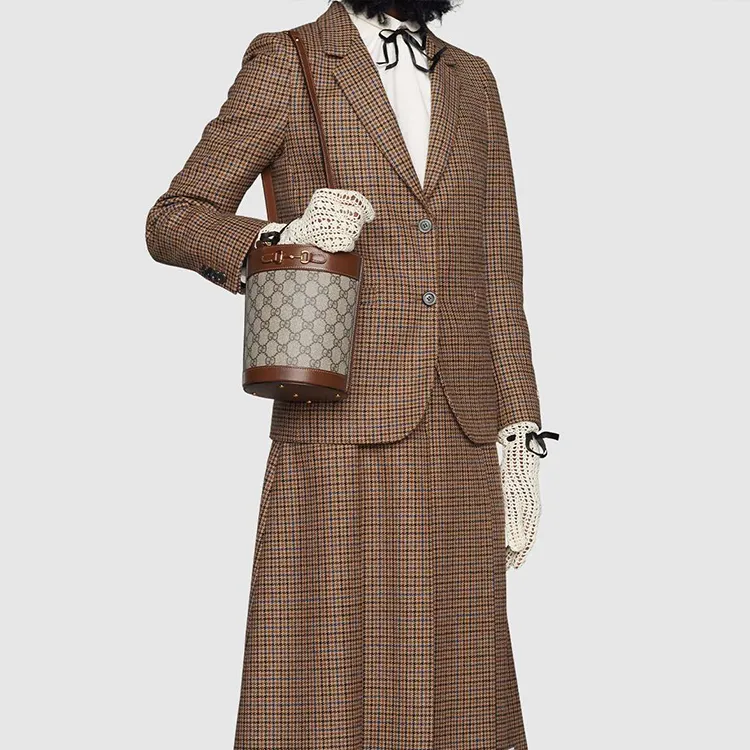 GUCCI Horsebit 1955 Canvas With Leather Bucket Bag, Handbag, Shoulder Bag Women's Ebony & Brown-6