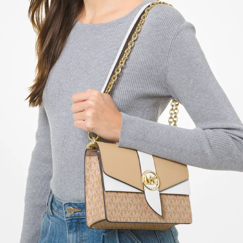 MICHAEL KORS Greenwich Coated Canvas Envelope Bag, Shoulder Bag, Crossbody Bag Small Size Women's Camel-3