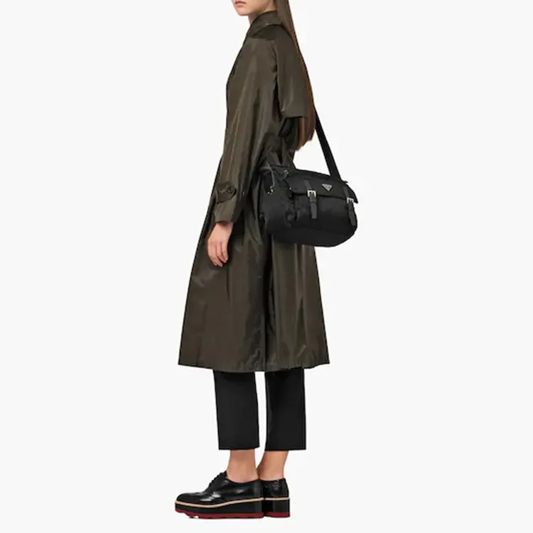 PRADA Fabric With Leather Messenger Bag Shoulder Bag Crossbody Bag Regular Women's Black-4