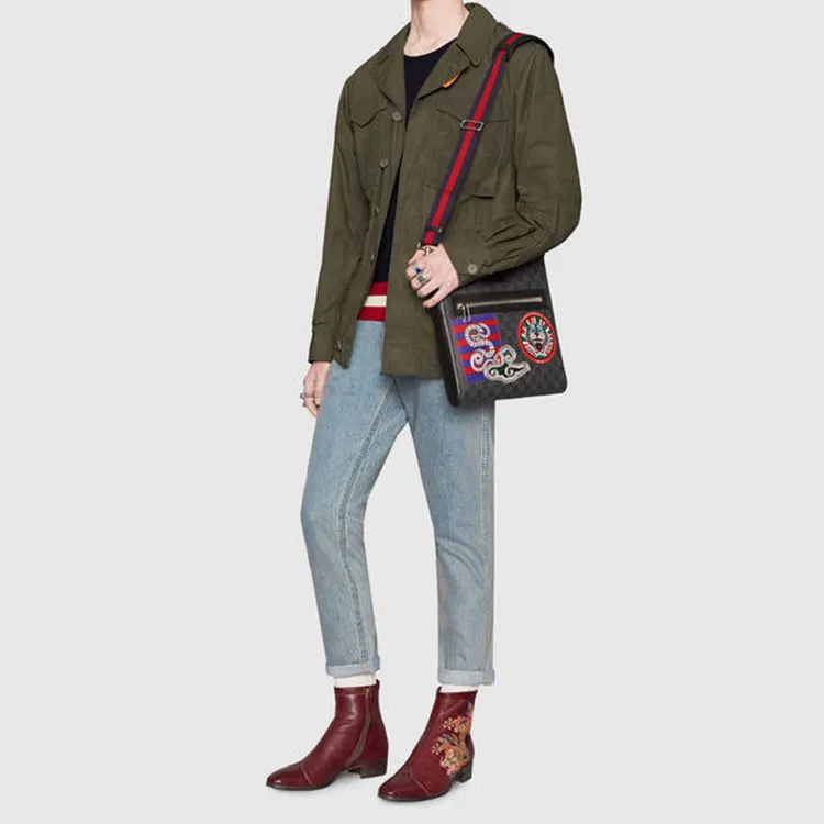 GUCCI Leather Canvas With Leather Messenger Bag, Crossbody Bag, Shoulder Bag Unisex-5