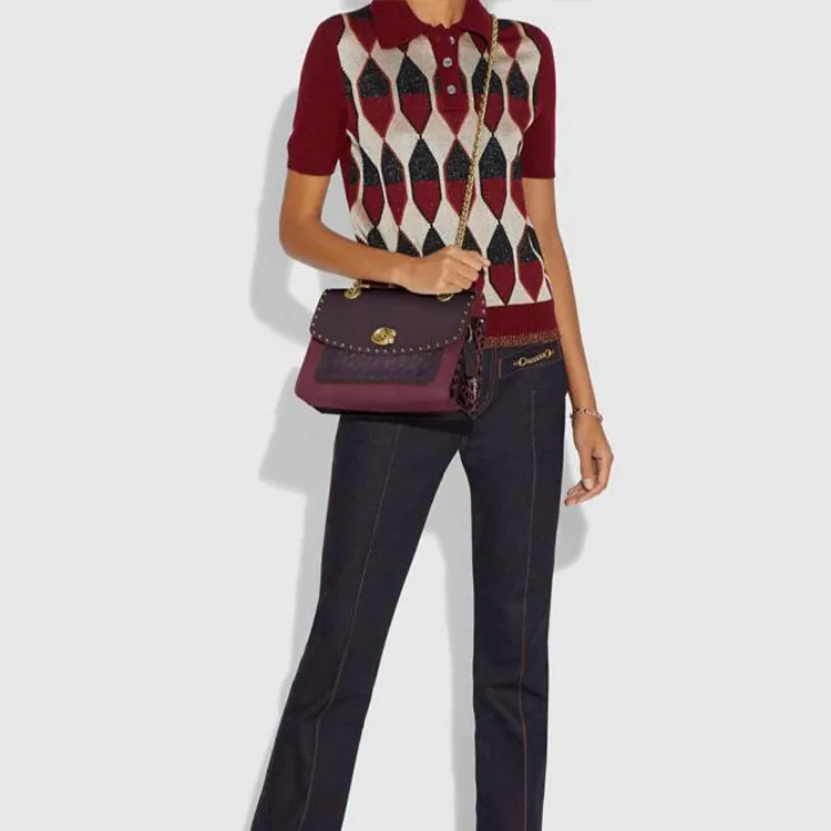 COACH Parker Calfskin Chain Crossbody Bag Shoulder Bag Women's Burgundy Multicolor-4