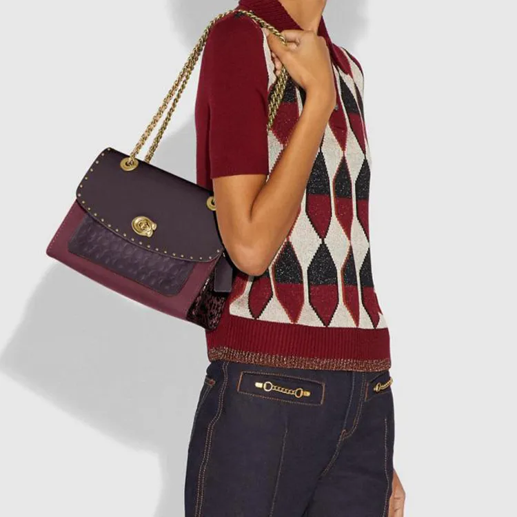 COACH Parker Calfskin Chain Crossbody Bag Shoulder Bag Women's Burgundy Multicolor-3