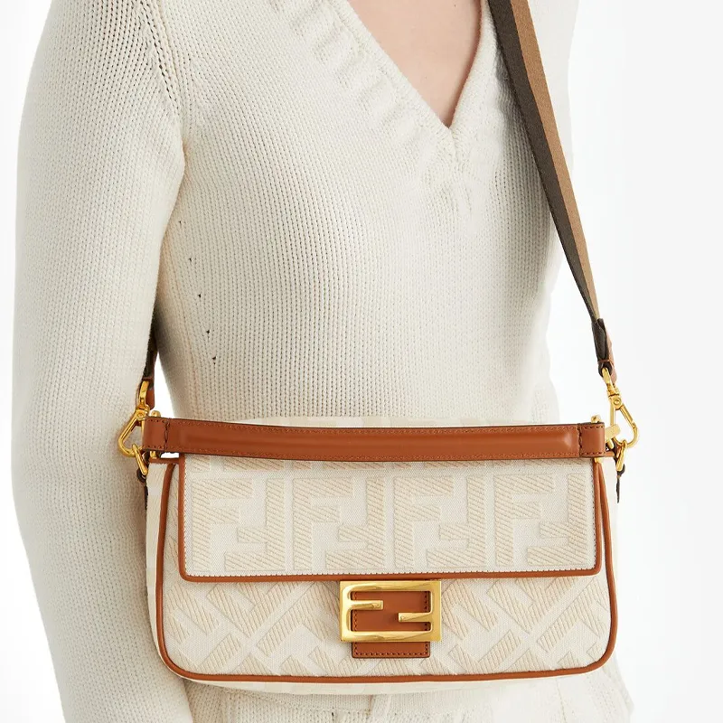 FENDI Baguette Canvas With Leather Portable Crossbody Bag Shoulder Bag Women's White/Brown-4