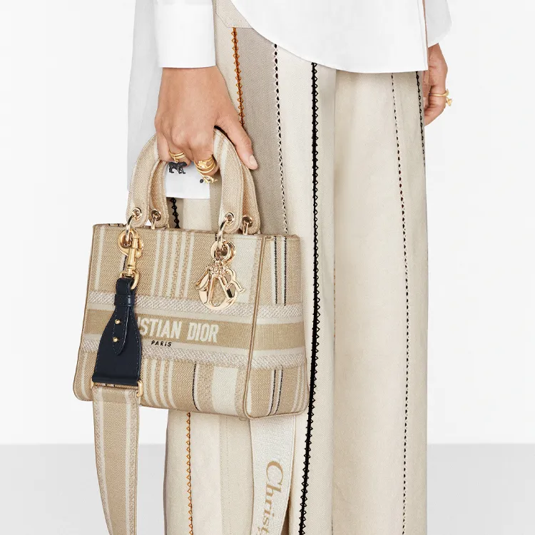 DIOR Lady Dior Striped Embroidered One Shoulder Handbags Medium Size Women's Beige-6
