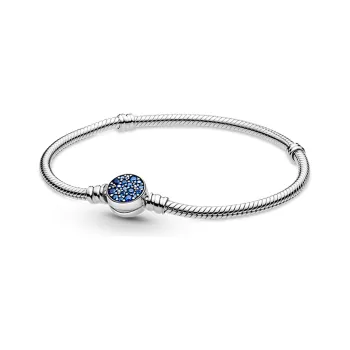 Pandora Moments Sparkling Blue Disc Clasp Snake Chain Bracelet Women's