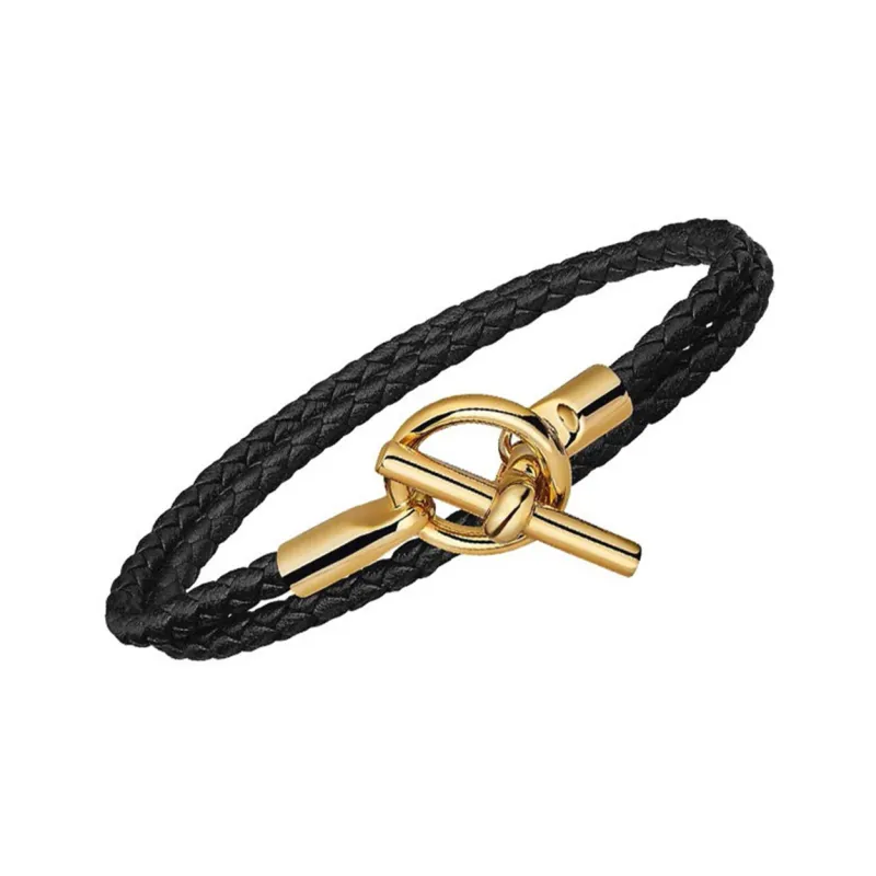 HERMES Glenan Leather Bracelets Unisex Black Gold-2