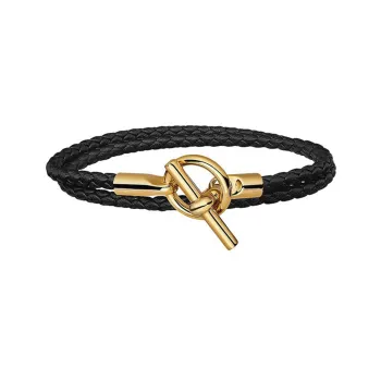 HERMES Leather Bracelets Unisex Black Gold