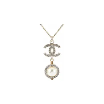 CHANEL 2019 Plated Cc Faux Pearl Rhinestones Pendant Necklace Costume Necklace