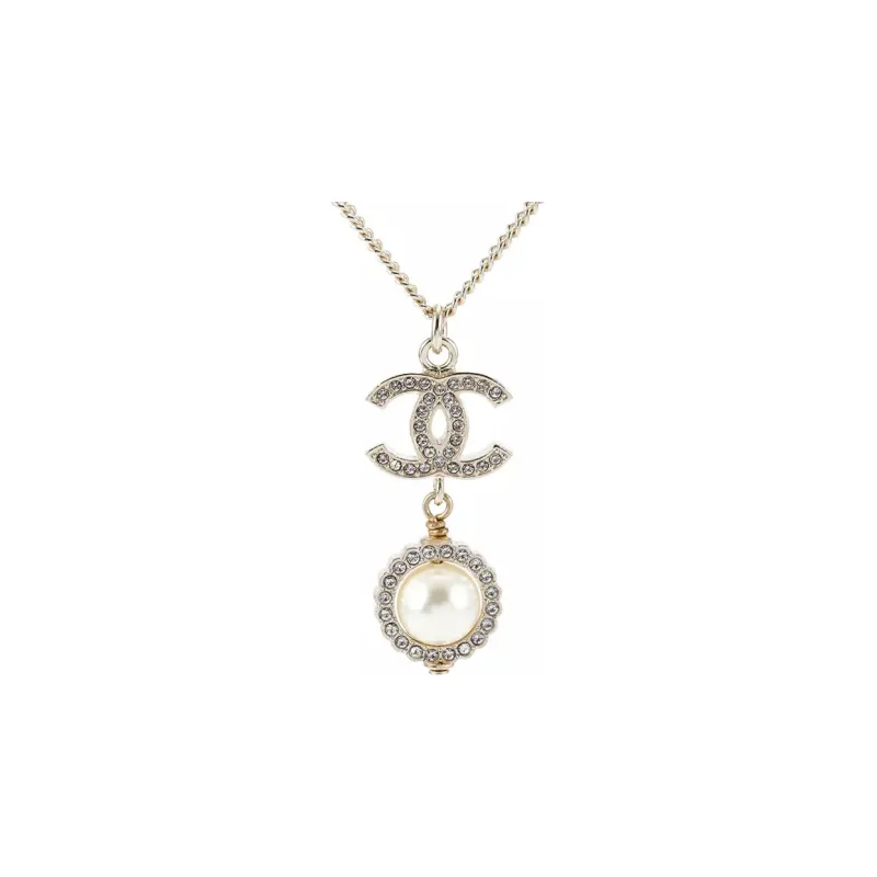 CHANEL 2019 Plated Cc Faux Pearl Rhinestones Pendant Necklace Costume Necklace-0